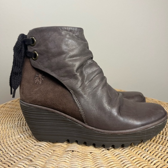 Fly London Yama Brown Suede & Leather Wedge Ankle Boots - Picture 8 of 12